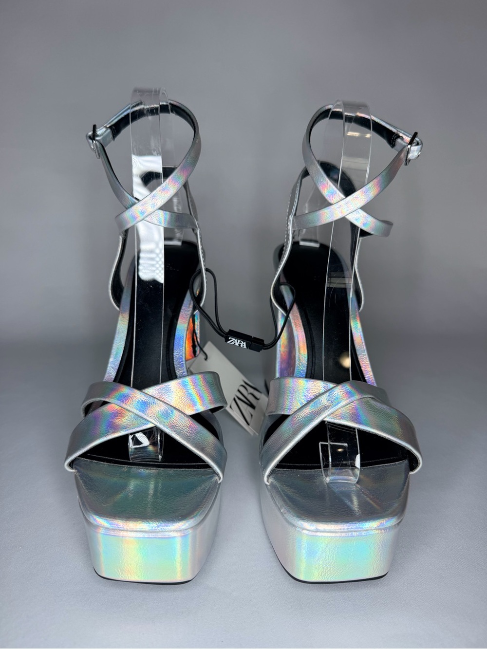 Zara Holographic Silver Platform Strappy Sandals